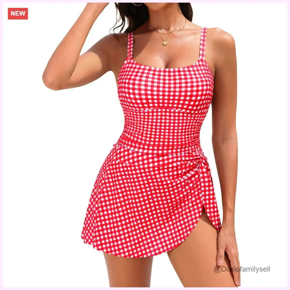 Convertible One Piece Swimsuit with Skirt, Removable Pads, Adjustable Straps